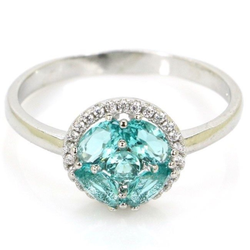 Rich Blue Aquamarine White Cz Ladies Size 9 Silver